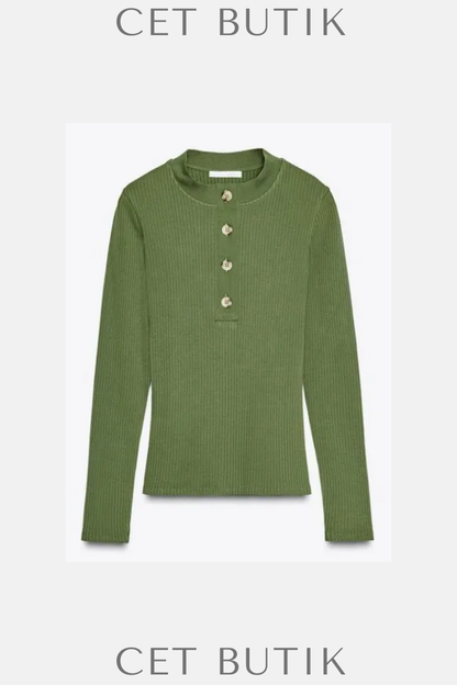 Zara Kadın Fitilli Düğmeli T-shirt – Yeşil/Ekru