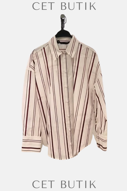 Zara Kadın Oversize Çizgili Gömlek – Beyaz/Kırmızı Çizgili