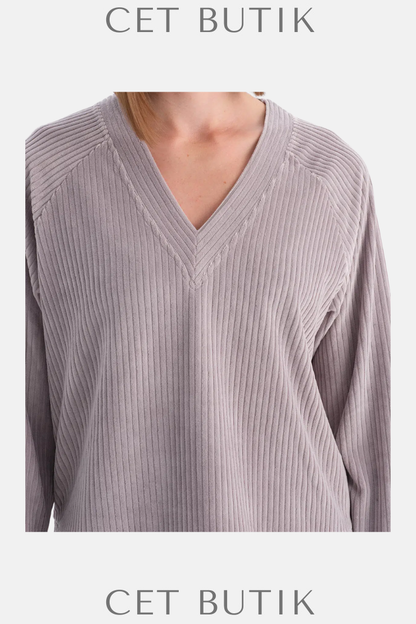 Dagi V Yaka Uzun Kollu Kadife Sweatshirt