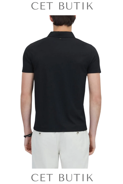 Kip Siyah Desenli Polo T-Shirt – Regular Fit, Polyester & Viskon Karışımlı Yazlık Model