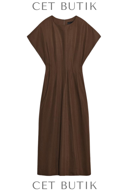 Zara ZW Collection Pleated Midi Dress Siyah Pamuk Keten Pileli Midi Elbise