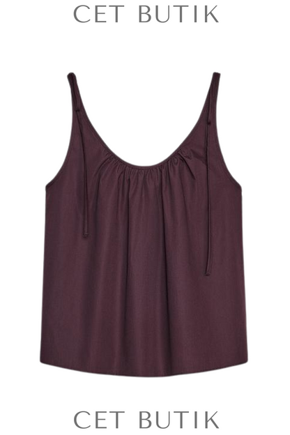 Zara Kadın Poplin Tie Top Bordo %100 Pamuk Bağcıklı Poplin Üst