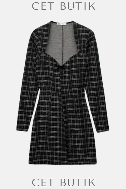 Zara Kadın Plaid Skater Dress Kareli Desenli Uzun Kollu Elbise