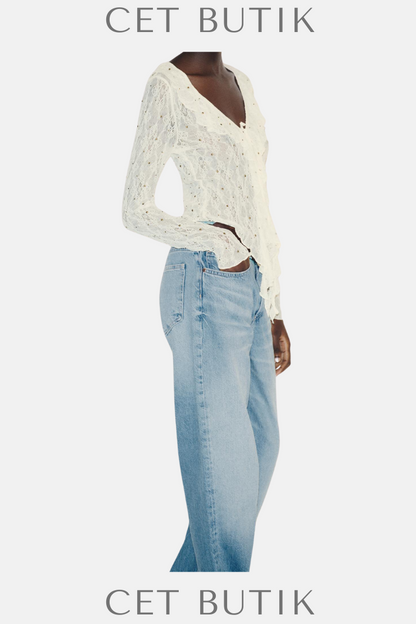 Zara Kadın Studded Lace Top Ecru Dantel Detaylı V-Yaka Uzun Kollu Üst