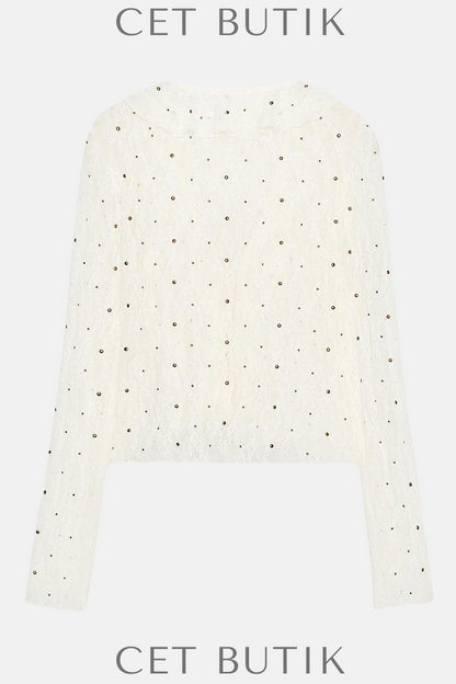 Zara Kadın Studded Lace Top Ecru Dantel Detaylı V-Yaka Uzun Kollu Üst