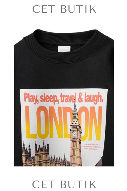Zara London City Sweatshirt 9006/652/800 – Siyah Baskılı Uzun Kollu Çocuk Sweat