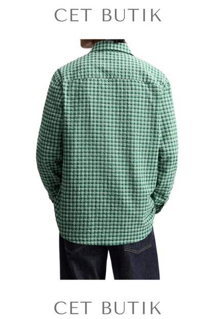 Zara Textured Check Shirt Green/Ecru Kare Desenli Rahat Kesim Gömlek
