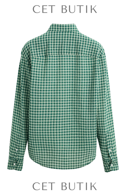 Zara Textured Check Shirt Green/Ecru Kare Desenli Rahat Kesim Gömlek