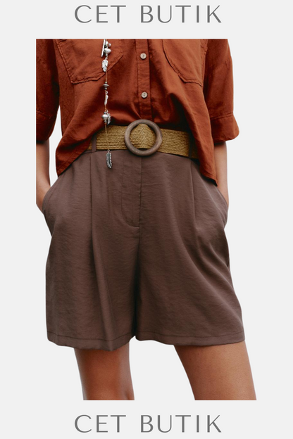 Zara Kadın Kemerli Pensli Bermuda - Kahverengi
