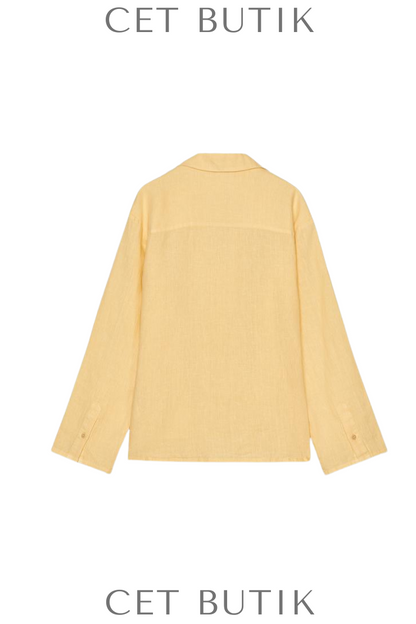 Zara ZW Collection 100% Linen Shirt  Pastel Sarı Uzun Kollu Keten Gömlek
