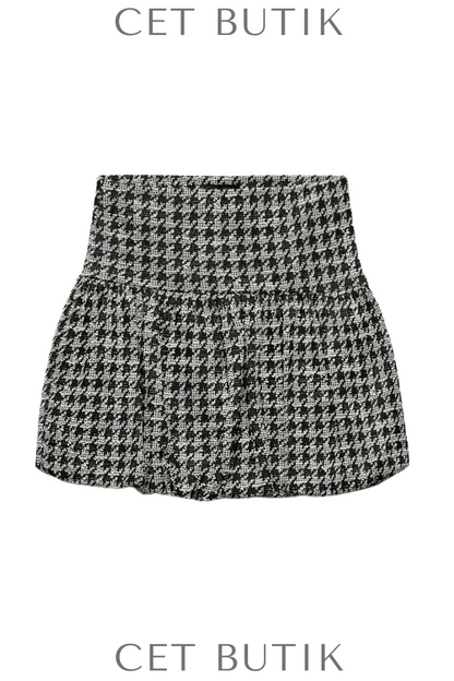 Zara Balloon Skirt Houndstooth Desenli Siyah Beyaz Mini Etek