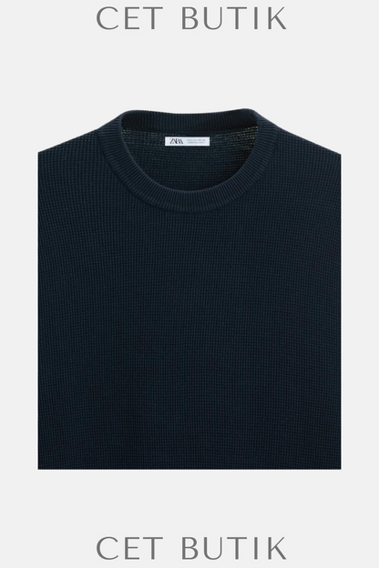 Zara Lacivert %100 Pamuk Basic Triko Kazak – Ribana Detaylı