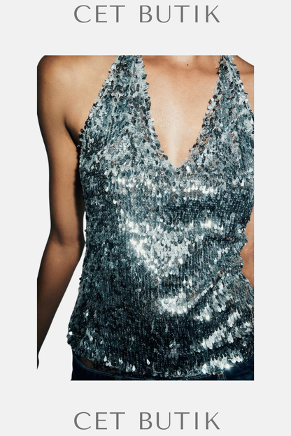 Zara Payetli Halter Üst – Gümüş / Silver