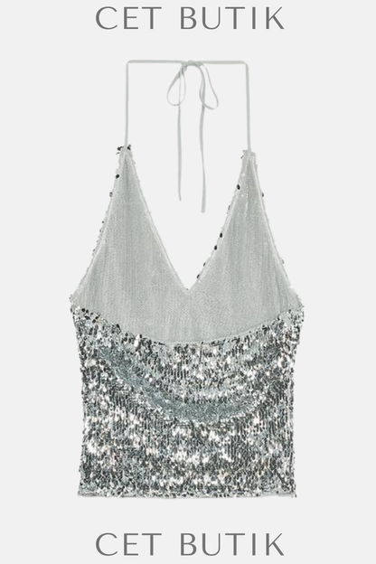 Zara Payetli Halter Üst – Gümüş / Silver