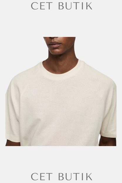 Mango CIRCO Off-White Keten Karışımlı Regular Fit Tişört
