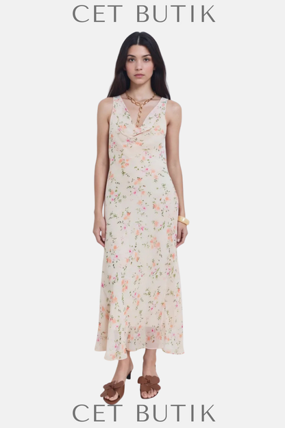 Mango Floral Draped Elbise – Uzun Çiçek Desenli Drapeli Elbise
