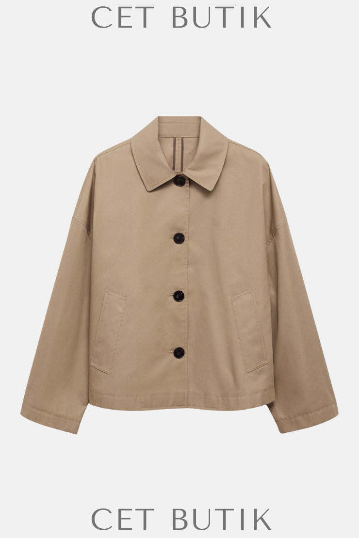 Mango Khaki Düz Kesim Pamuk Ceket