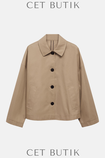 Mango Khaki Düz Kesim Pamuk Ceket