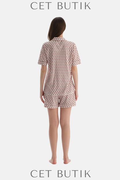 DAGİ Açık Pembe Metraj Baskılı Penye Modal Gömlek Şort Pijama Takımı