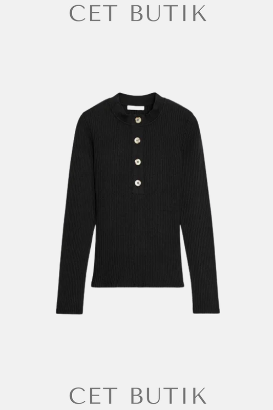 Zara Ribbed Düğmeli Üst – Siyah