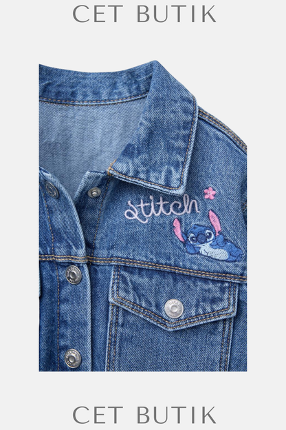 Zara Lilo & Stitch İşlemeli Denim Ceket – Orta Mavi