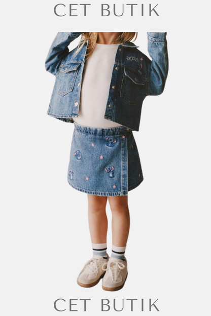 Zara Lilo & Stitch İşlemeli Denim Ceket – Orta Mavi