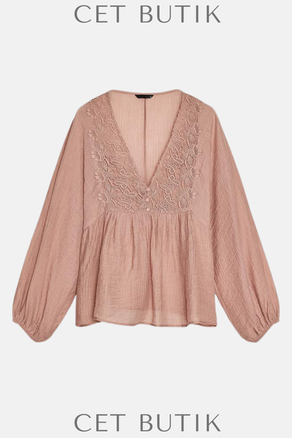 Zara Dantel Kroşe Detaylı Textürlü Bluz – Pink Wood