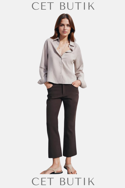 Zara ZW Collection Çizgili Bej/Kahverengi Bluz