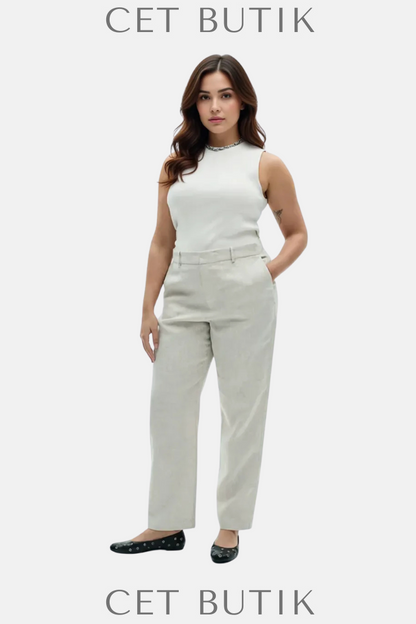 Mango Boreli %100 Keten Pantolon – Bej / High Waist Suit Trouser