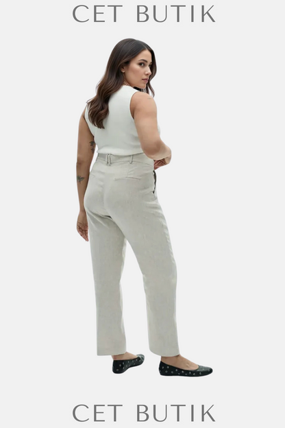 Mango Boreli %100 Keten Pantolon – Bej / High Waist Suit Trouser