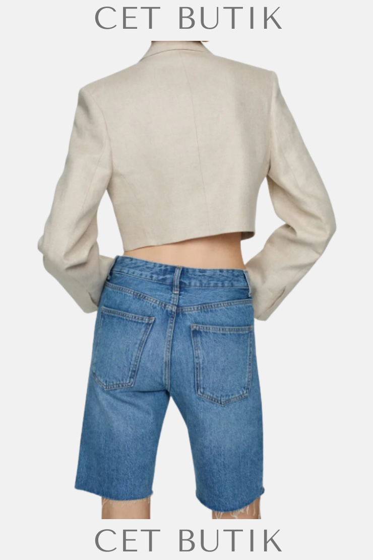 Mango Düz Kesim Denim Bermuda Şort – Mavi