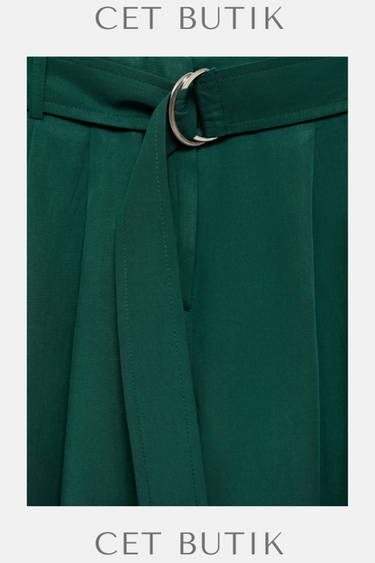 Mango Kemerli Lyocell Geniş Paça Pantolon – Yeşil