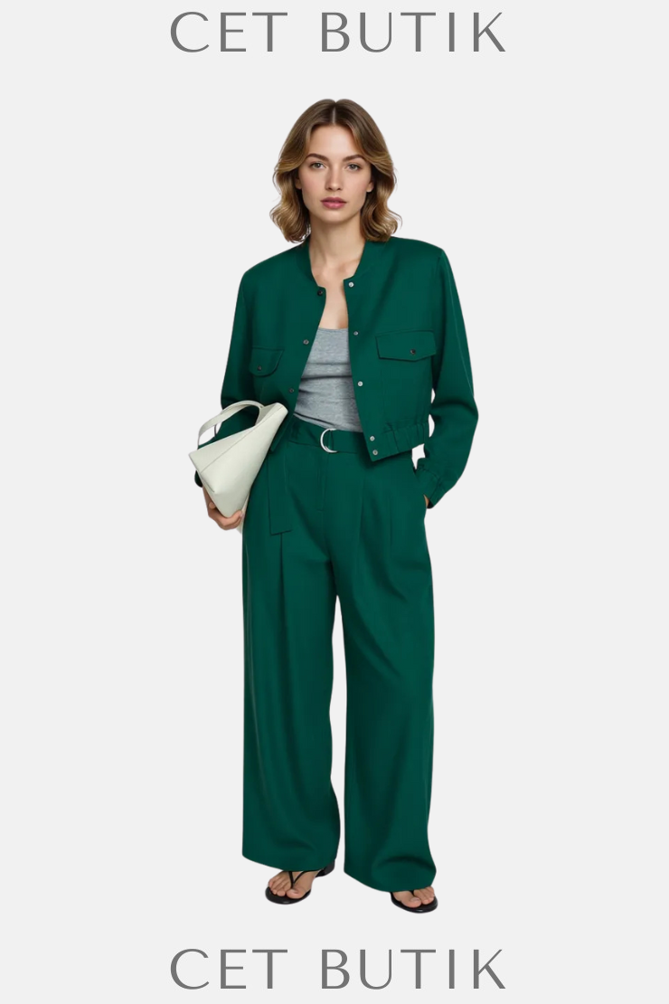 Mango Kemerli Lyocell Geniş Paça Pantolon – Yeşil