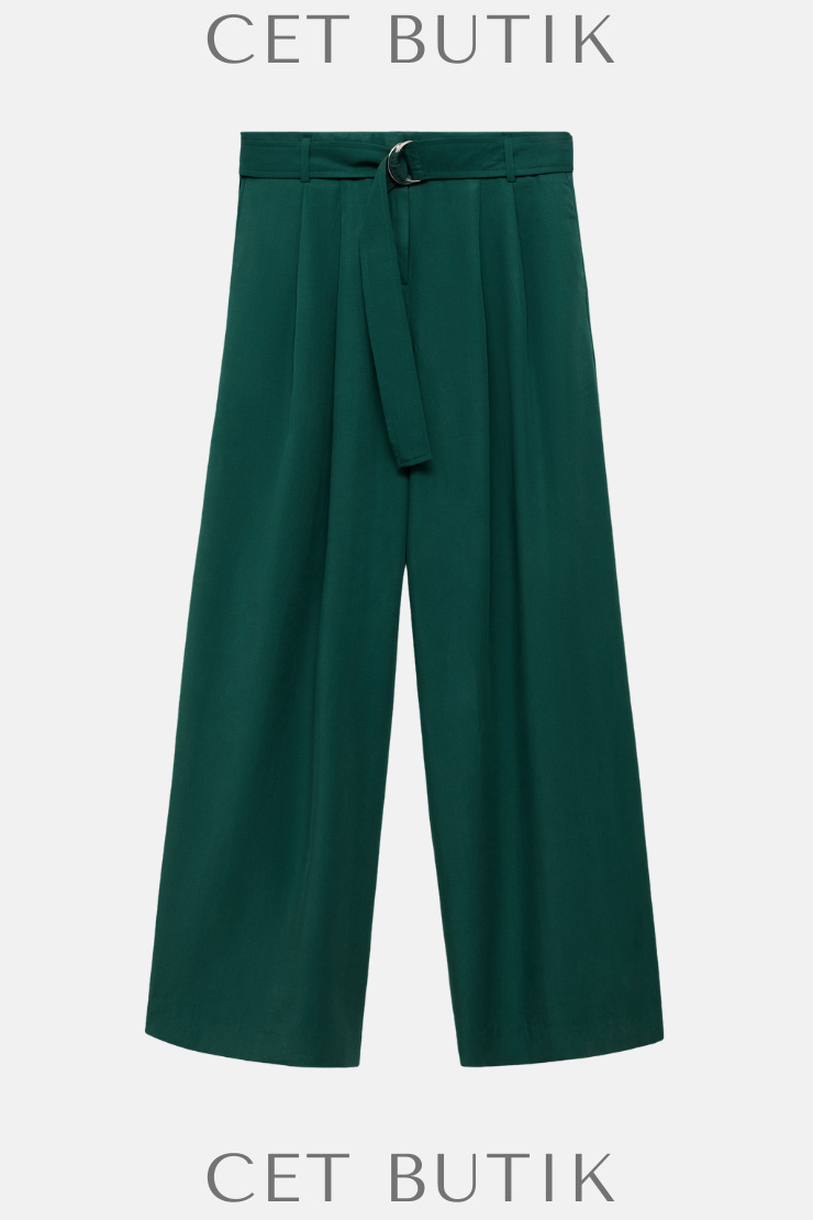 Mango Kemerli Lyocell Geniş Paça Pantolon – Yeşil