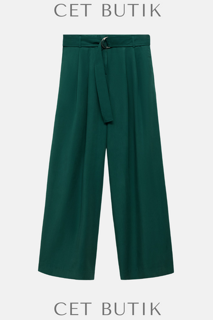 Mango Kemerli Lyocell Geniş Paça Pantolon – Yeşil