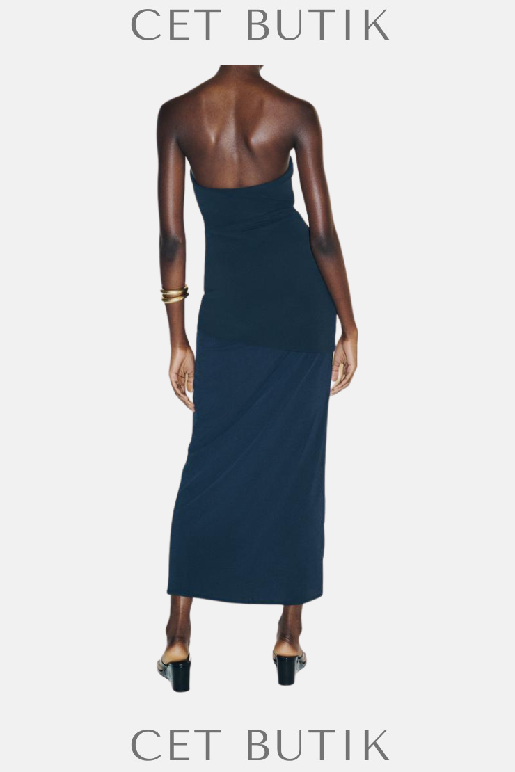 Zara Koyu Lacivert Straplez Midi Elbise