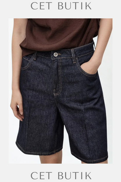 Mango Koyu Mavi Denim Straight Regular Waist Şort – %100 Pamuk