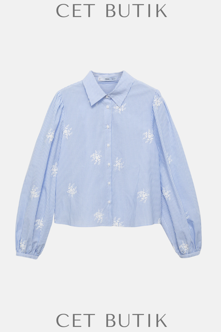 Mango Flower Nakışlı Çizgili Gömlek – Sky Blue