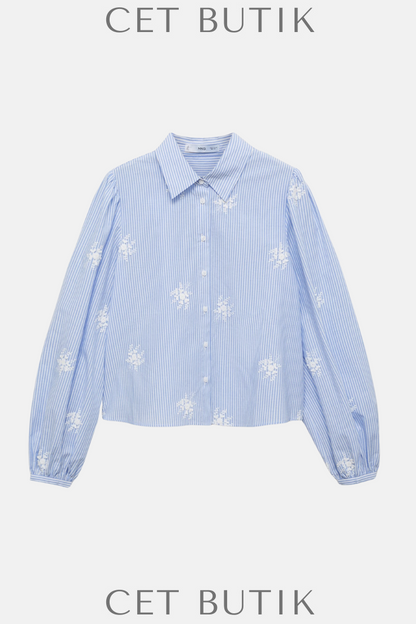 Mango Flower Nakışlı Çizgili Gömlek – Sky Blue